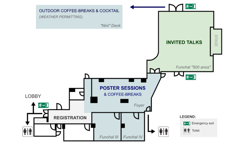 Conference floor plan showing registration, Funchal 500 anos, poster sessions, Nini Deck, toilets and emergency exits