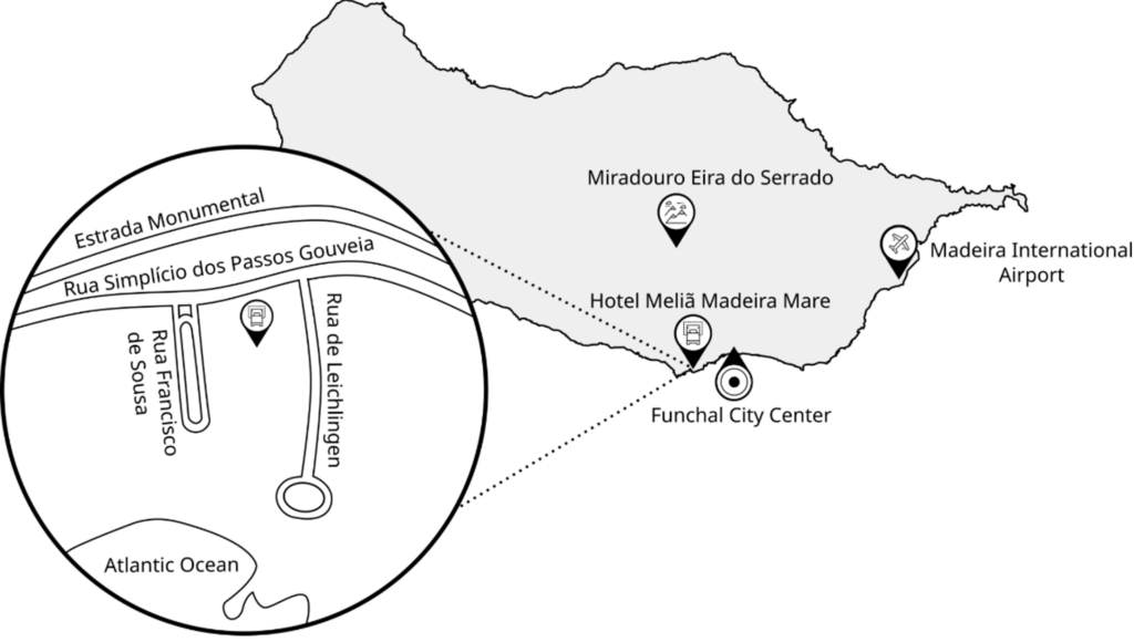 Madeira location map showing the hotel, Funchal centre, airport and Eira do Serrado